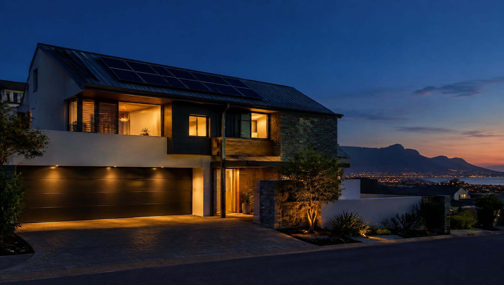 Modern South African home with rooftop solar panels at dusk